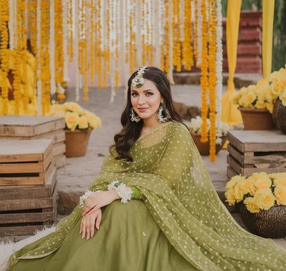 Elegant Women's Stitched Maxi Suit - 3 Pcs Green Silk Embroidered Ensemble , Dreesio